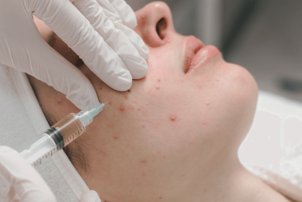 Subcision treatment for acne scars being performed on a patient’s cheek.
