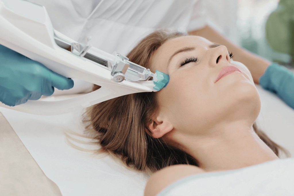 Woman receiving PRP treatment at BossBeautyBar for skin rejuvenation.